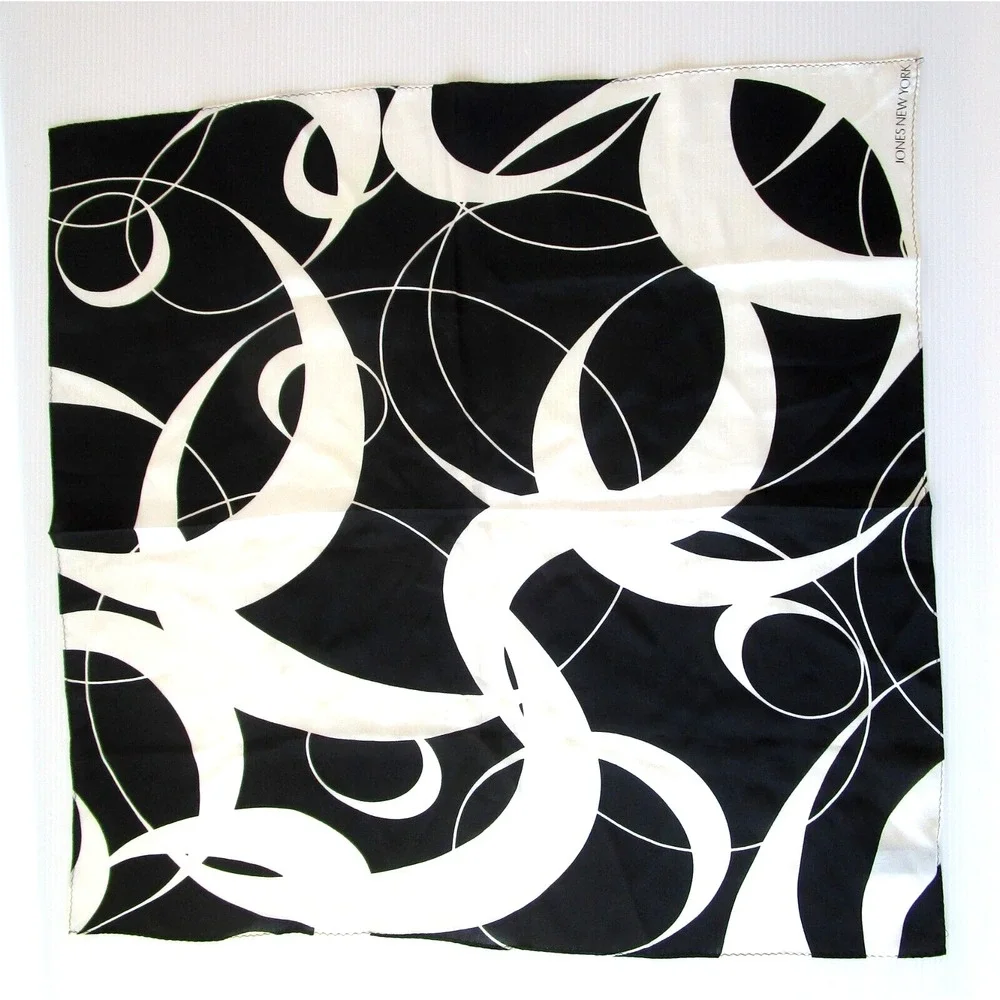 Vintage Jones New York Black and White Abstract 100% Silk Scarf 21 x 21